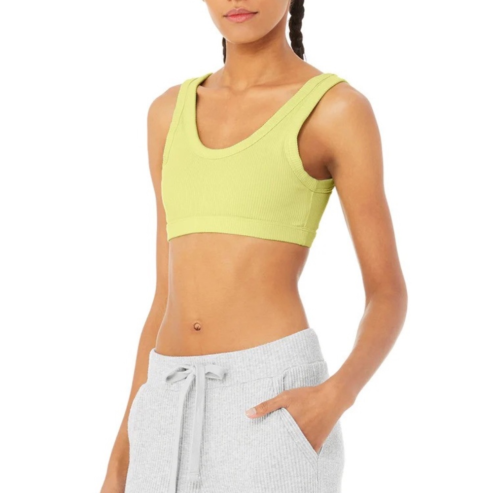 Alo Yoga Wellness Bra Heather Yellow Size SMALL– Ribbed Fabric, Removable Pads